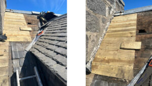 slates and woodwork and skews removed for fixing